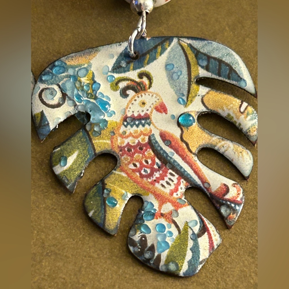 Earrings NWOT Artisan “Cockatiel, too” leaves Enamel Copper, ceramic beads 2.7” - Picture 3 of 14